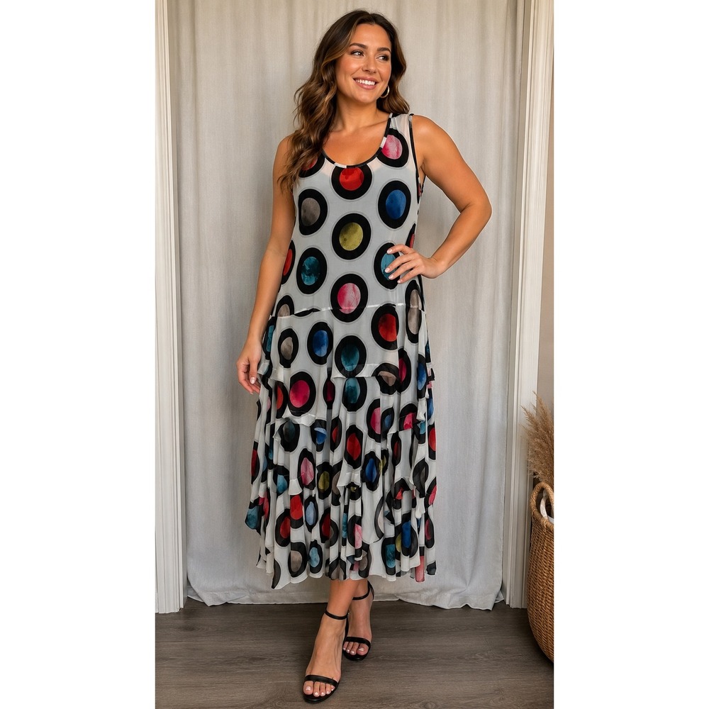 Kozan Multi Color Polka Dot Mesh Tiered Ruffle Sleeveless Midi Dress Womens L